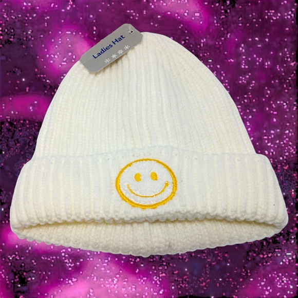 Ladies Smiley Face Ribbed Knit Beanie | Cream 1 Size Fits Most | Old E. Main Co. - Picture 11 of 15